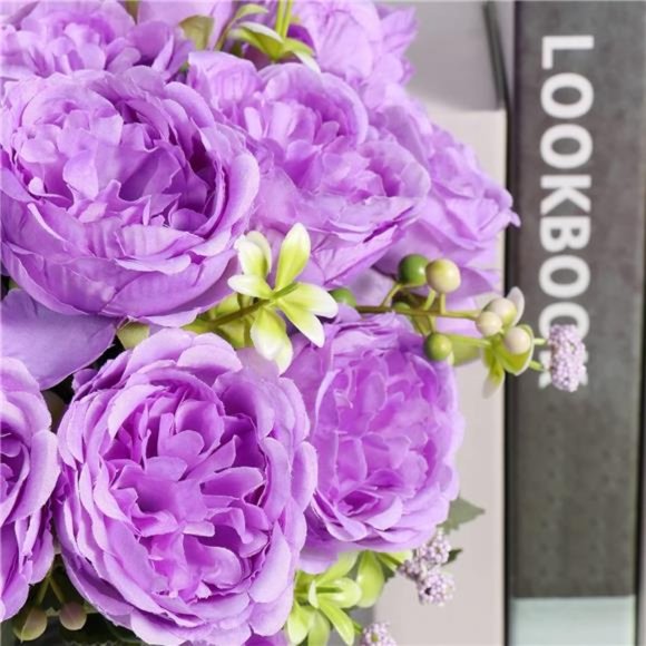 Artificial Peonies Silk Flowers, Purple Faux Peony Bouquet 4 Bundles Florals - Picture 2 of 6